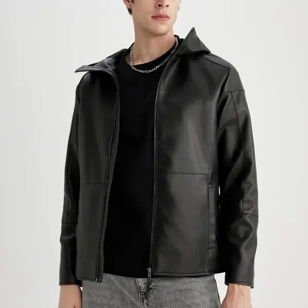 DEFACTO Slim Fit Faux Leather Jacket Coat Slim Cut Hooded Zippered Pocket Seasonal