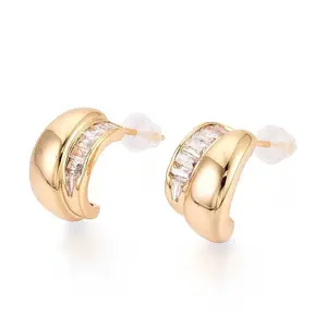 Brass Micro Pave Clear Cubic Zirconia C-Shaped Stud Earrings