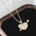 Brass Micro Pave Clear Cubic Zirconia Arrow Heart Pendant Necklaces for Women