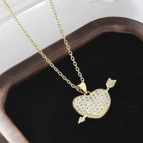 Brass Micro Pave Clear Cubic Zirconia Arrow Heart Pendant Necklaces for Women