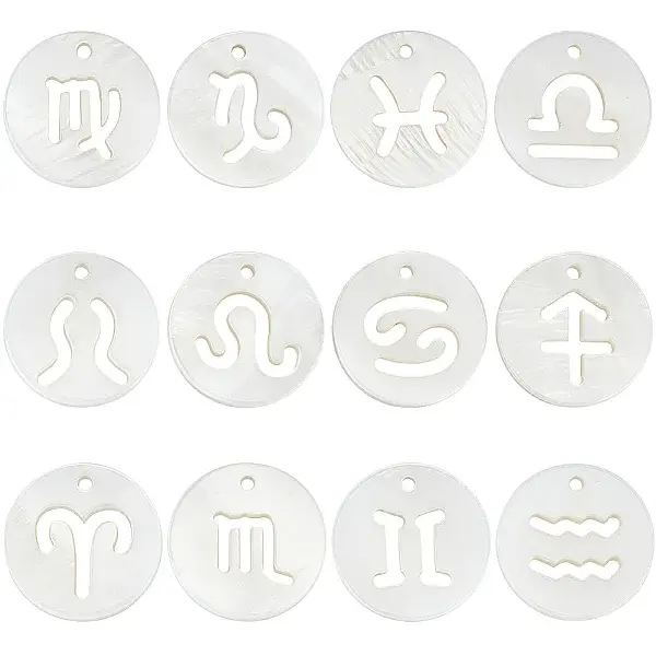 24Pcs 12 Styles 12 Constellation Natural Freshwater Shell Hollower Flat Round Charms