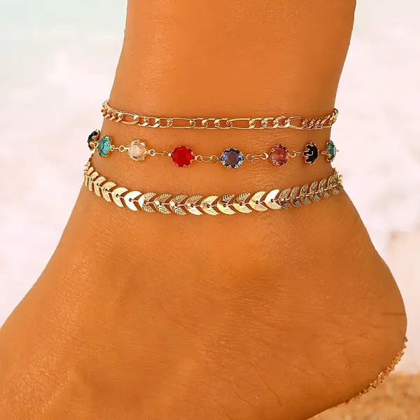 Alloy Colorful Rhinestone Chain 3 Layered Anklets for Women