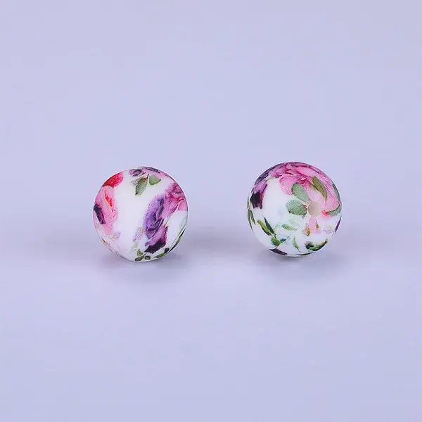Printed Round with Flower Pattern Silicone Focal Beads