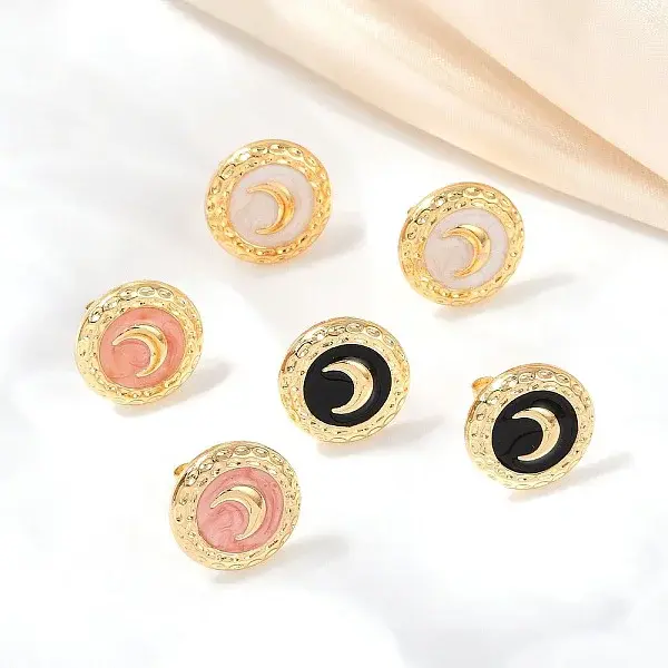 304 Stainless Steel Enamel Flat Round with Moon Stud Earrings