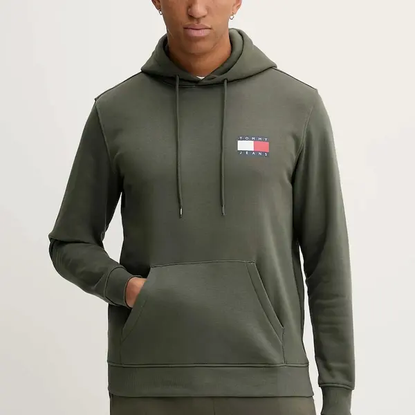 Mikina Tommy Jeans pánská, zelená barva, s kapucí, s aplikací, DM0DM20738