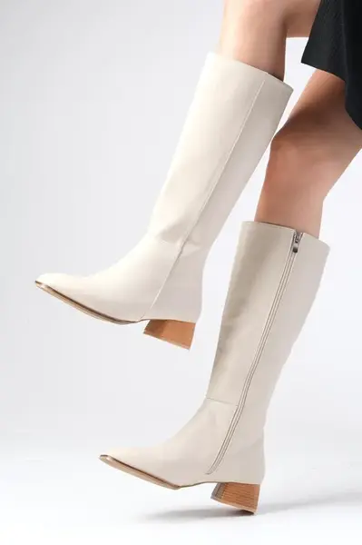 Mio Gusto Briony Beige Color Side Zipper, Thin Faux Für Lined Blunt Toe Women's High Heel Boots