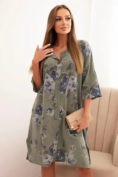 Kesi Włoski Dámska bavlnená šaty s kvetinovým vzorom a 3/4 rukávom khaki