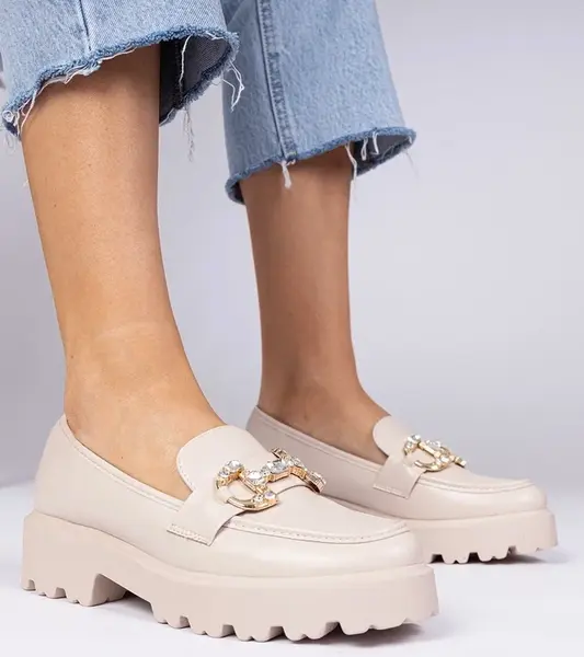 marka niezdefiniowana Beige elegant moccasins with rhinestones Zelda