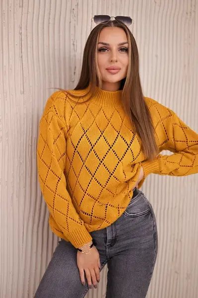 High-neckline sweater with diamond mustard pattern