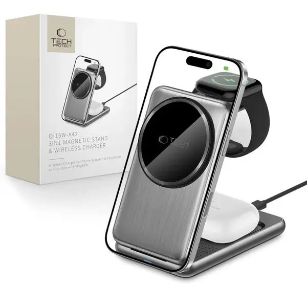 Tech-Protect QI15W-A42 3V1 Magnetická bezdrátová nabíječka MagSafe, šedá