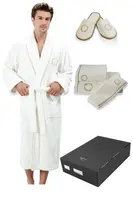 Pánský župan SEHZADE  v dárkovém balení + ručník + papuče S + papučky (40/42) + ručník + box Smetanová / zlatá výšivka