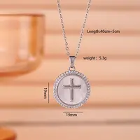 Brass Micro Pave Clear Cubic Zirconia Flat Round Cross Pendant Necklaces for Women
