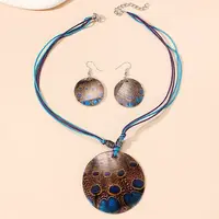 Boho Printed Natural Shell Graffiti Flat Round Pendant Earrings & Necklaces Set