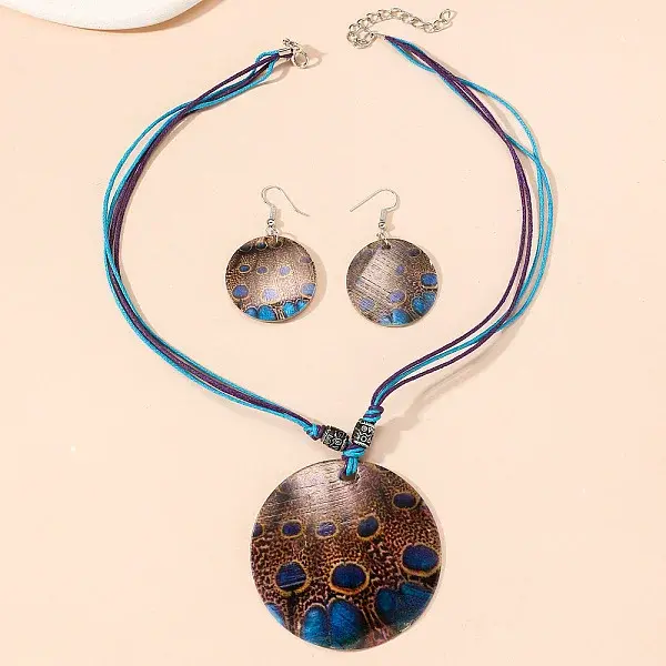 Boho Printed Natural Shell Graffiti Flat Round Pendant Earrings & Necklaces Set