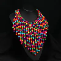 Bohemian Style Round Wood Beaded Multilayer Bib Necklaces for Women