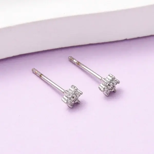 Brass Micro Pave Clear Cubic Zirconia Snowflake Stud Earrings