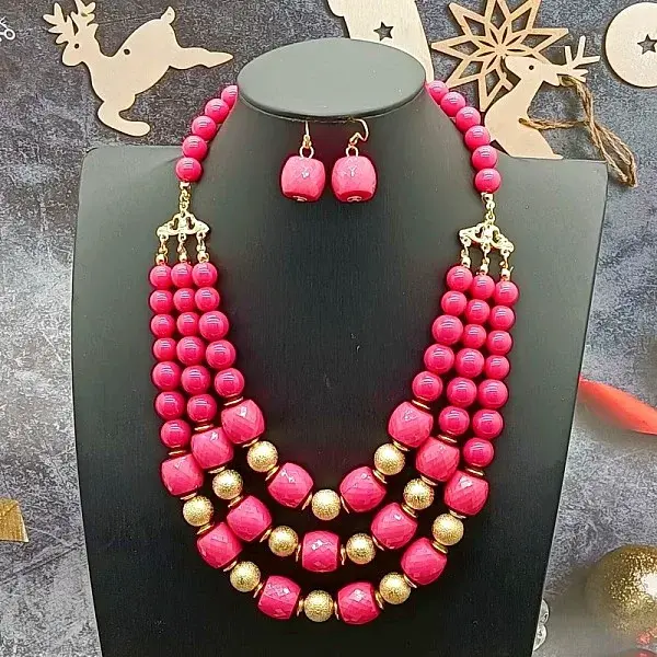 Acrylic Round Beaded Multilayer Necklaces & Dangle Earrings Sets