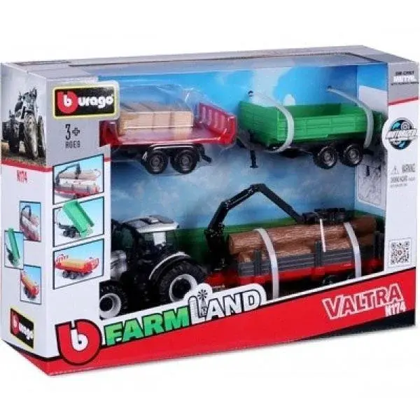 Bburago 10cm Farm tractor Gift Set - Valtra N174 se 3 přívěsy