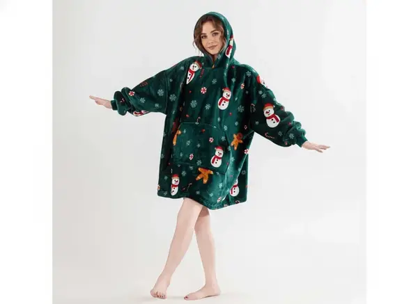 Beránková mikinová deka s rukávy a kapucí SNOWMAN AND GINGERBREAD, zelená