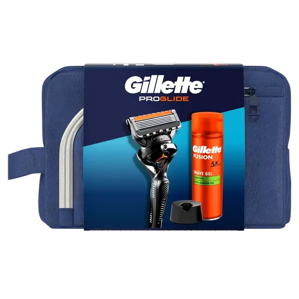 GILLETTE Cestovná sada ProGlide holiaci strojček + Fusion gél na holenie 200 ml + stojan