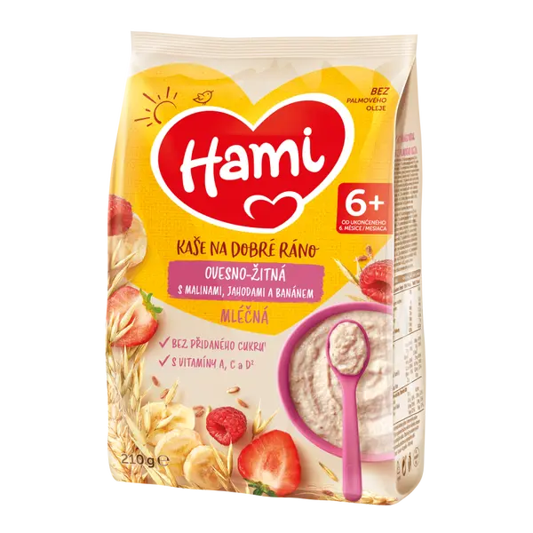 Hami Mléčná kaše na dobré ráno ovesno-žitná s banánem, jahodami a malinami 210 g