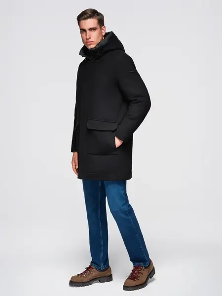 Ombre Men's parka coat with wool and hood - black
