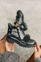 S. BARSKI Kožené Lakované Čižmy S Dekoráciou Zateplené D&A