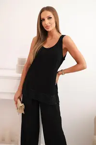 Kesi Włoski Dámsky komplet z viskózy, blúzka na širokých ramienkach a nohavice so širokým strihom čierny