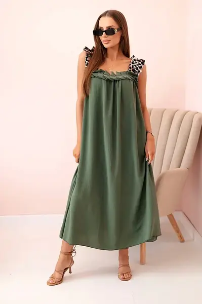 Kesi Włoski Dámske šaty s ramienkami s leopardím vzorom Khaki