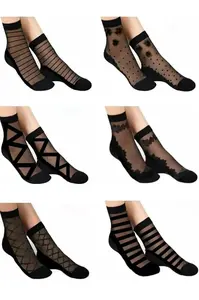 03782 Dewberry 6 Piece Womens Black Patterned Tulle Socks-BLACK