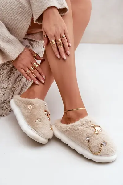 PS1 Kožušinové Papuče S Mašľami Béžové Ivelfedi