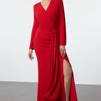 Trendyol Red Double Breasted Crepe Woven Long Elegant Evening Dress