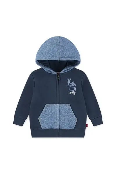 Dětská bavlněná mikina Levi's KNIT DENIM ZIP UP tmavomodrá barva, s kapucí, s potiskem, 6EN725
