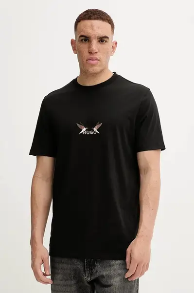 Bavlněné tričko HUGO pánské, černá barva, s aplikací, 50549154
