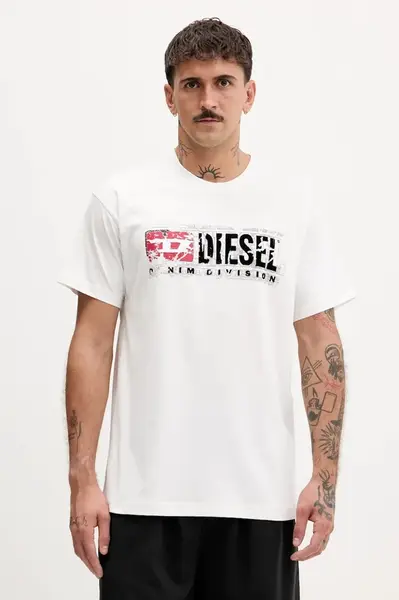 Bavlněné tričko Diesel T-NORM-T6 pánské, bílá barva, s potiskem, A19436.0PLAT