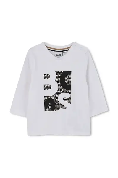Dětské bavlněné tričko s dlouhým rukávem BOSS bílá barva, s potiskem, J52472