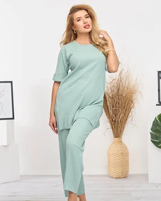 Resti Women's light green striped cotton set - Clothing