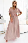 545-6 Long dress with pleated neckline and tie - taupe