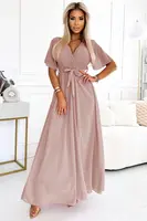 545-6 Long dress with pleated neckline and tie - taupe