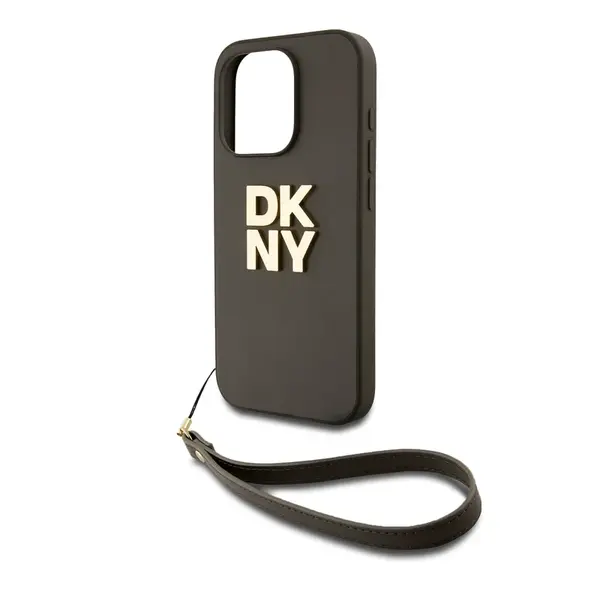 Zaní kryt DKNY PU Leather Stack Logo Wrist Strap pro Apple iPhone 14 Pro, zelená