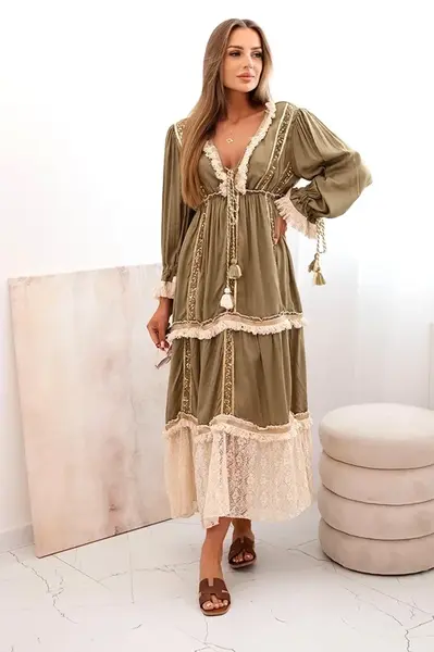 Kesi Włoski Dámské boho šaty s krajkou khaki