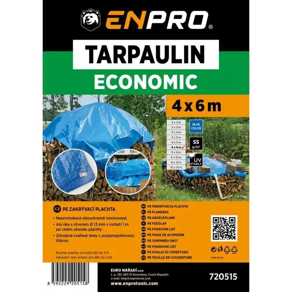 Plachta zakrývací EKONOMIK, 4 x 6 m, 55 g/m², modrá, ENPRO