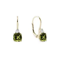 Náušnice zo žltého zlata s cushion vltavínom a diamantmi KLENOTA