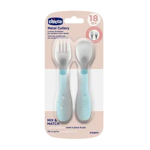 CHICCO Lžička a vidlička nerez - teal, 18m+
