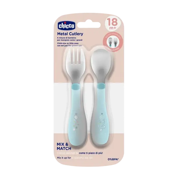 CHICCO Lžička a vidlička nerez - teal, 18m+