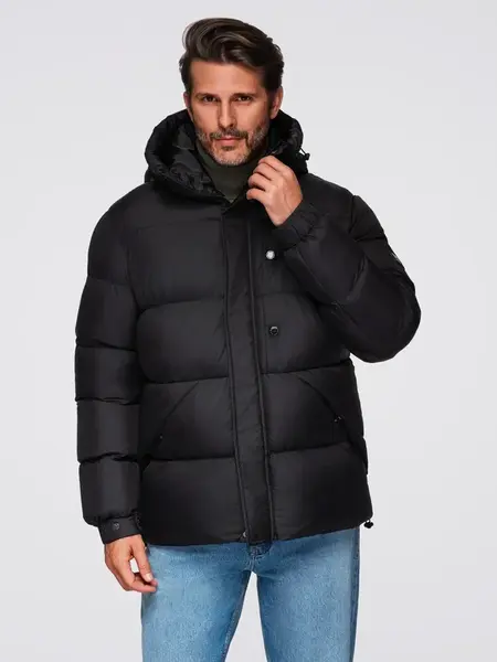 Ombre Men's quilted jacket with high zipped hood - black