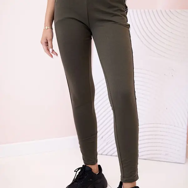 Kesi Dámské teplákové kalhoty s lampasem a šňůrkou v pase khaki