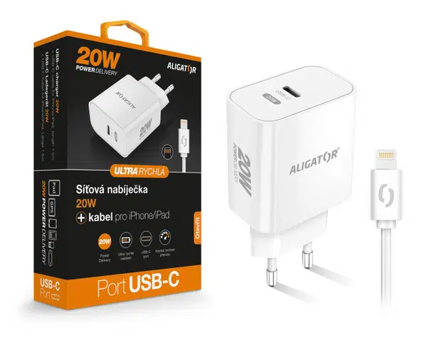 Aligator PD 20W rychlá nabíječka USB-C s kabelem USB-C/Lightning bílá
