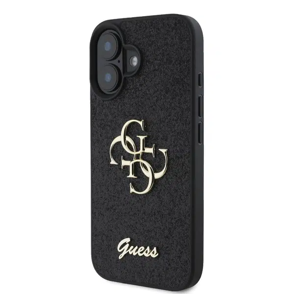 Zadní kryt Guess PU Fixed Glitter 4G Metal Logo pro Apple iPhone 16, černá