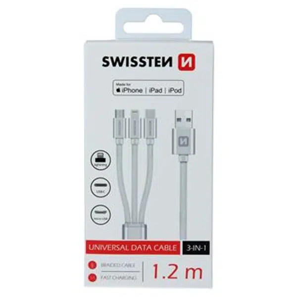 Datový kabel Swissten textile 3in1, MFi, 1,2m, stříbrný